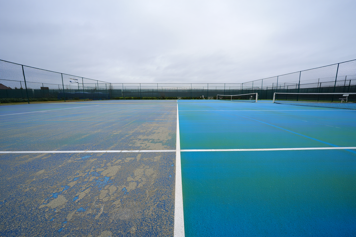 Hard tennis court restoration: before and after comparison.