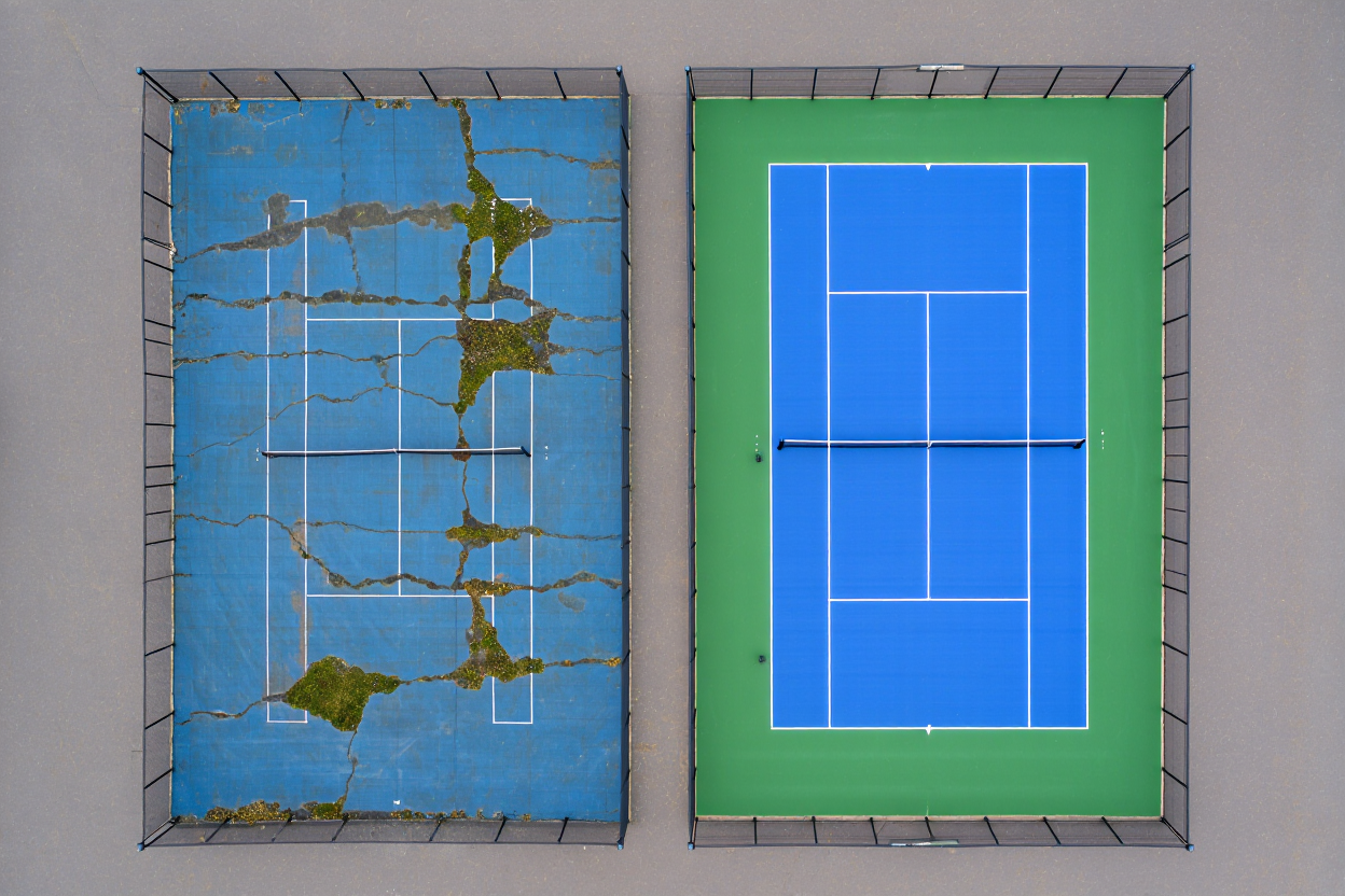 Hard tennis court restoration: before and after comparison.