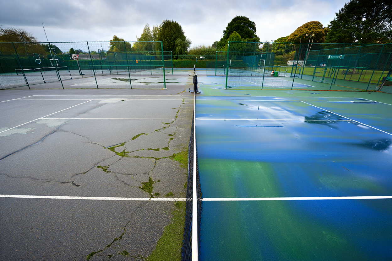 Hard tennis court restoration: before and after comparison.