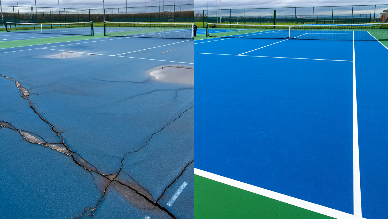 Hard tennis court restoration: before and after comparison.